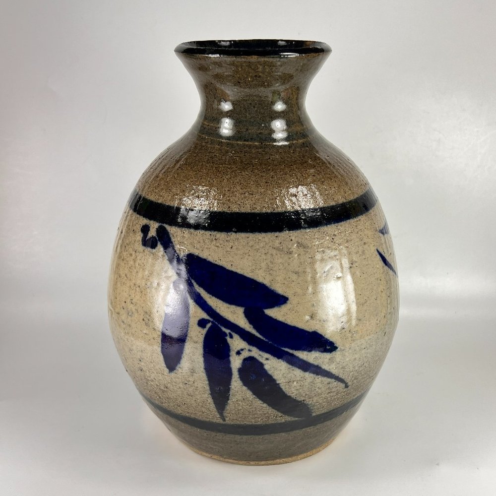 Salt Glazed Vase Stoneware Pottery Cobalt Blue Bamboo Asian Design Handcrafted
